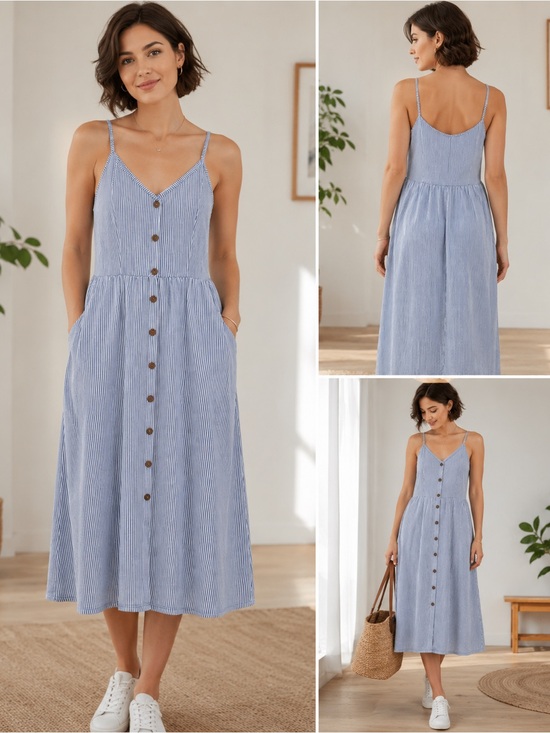 Dresses & Skirts - Blue & White Striped Button-Front Midi Sundress
